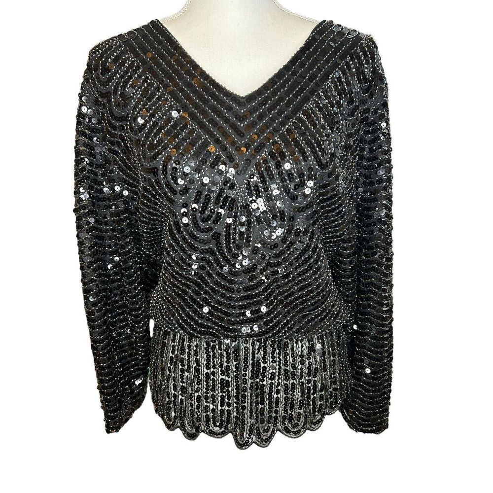 Vici Womens Blouse Top V-Neck Sequin Long Sleeve Fully Lined Black Size Small